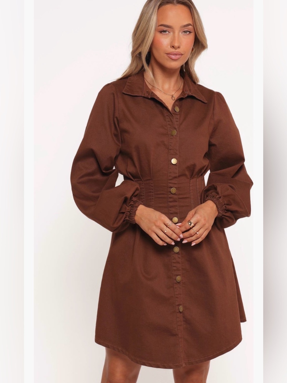 Petal & Pup Phoenix Long Sleeve Mini Dress Brown Denim L Collared